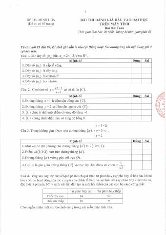 Đề minh họa thi đánh giá đầu vào Đại học trên máy tính môn Toán